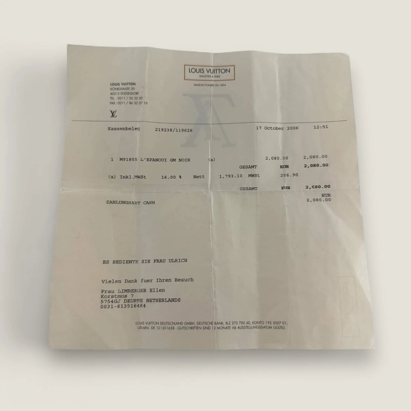 originele factuur tweedehands Louis Vuitton tas
