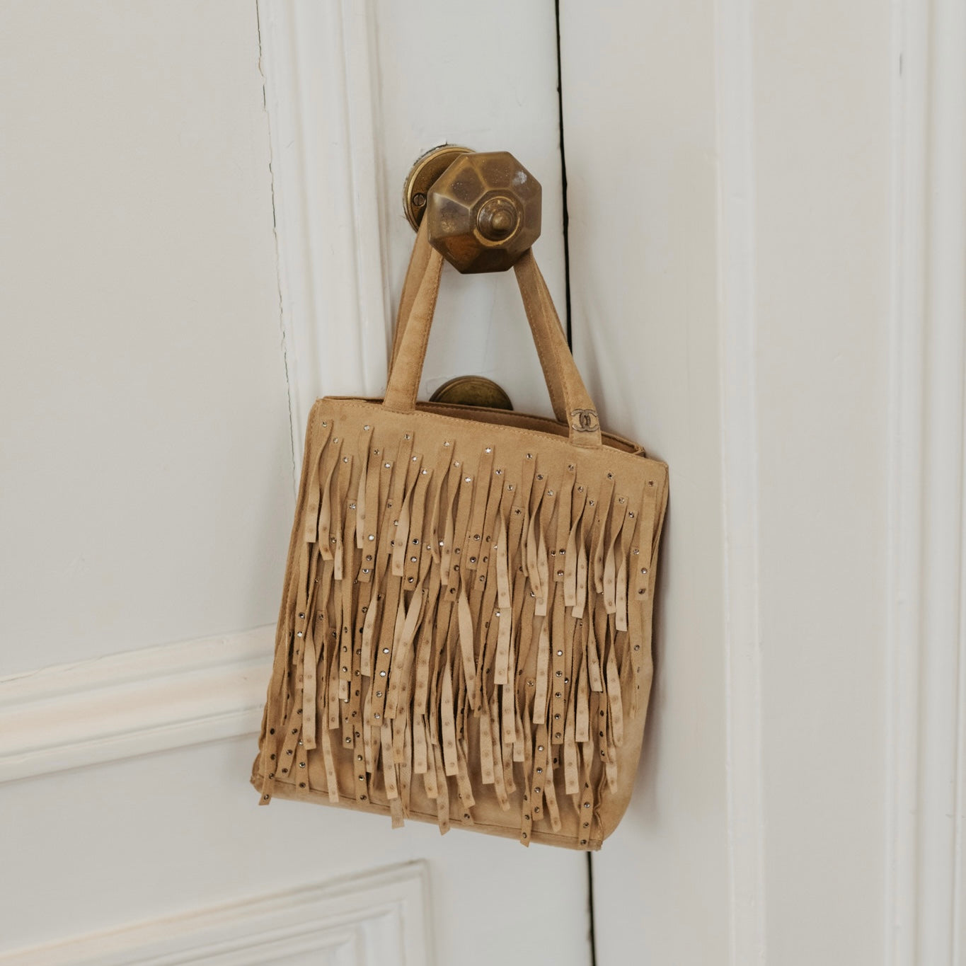 pre-owned Chanel fringe mini tote bag with rhinestones