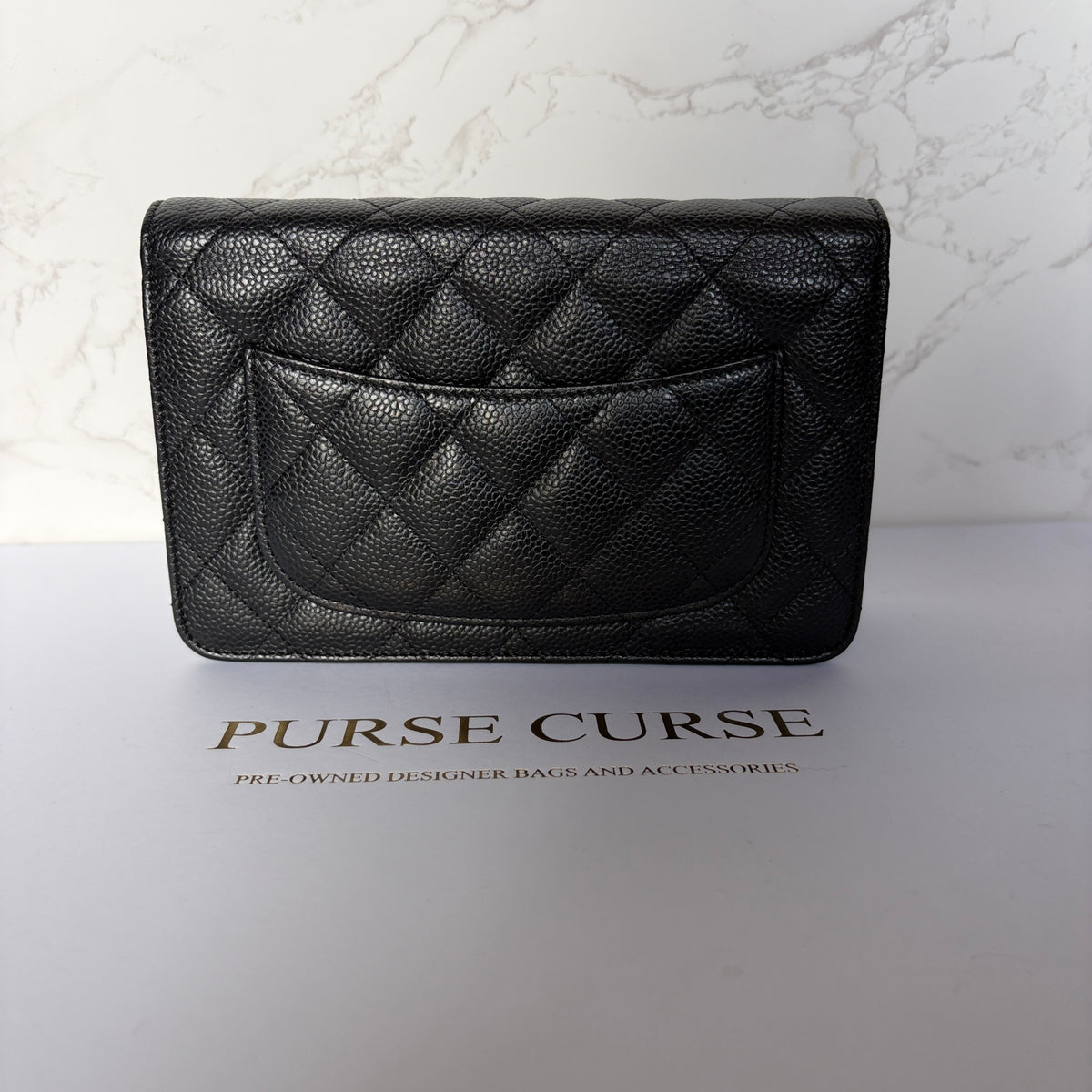  pre-owned Chanel wallet on chain black caviar gold hardware