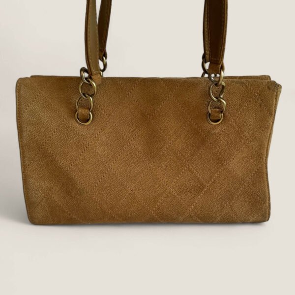 Chanel preloved handbag matelassé brown suede gold hardware