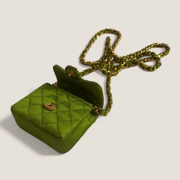 Chanel silk satin CC mark plate micro chain bag green