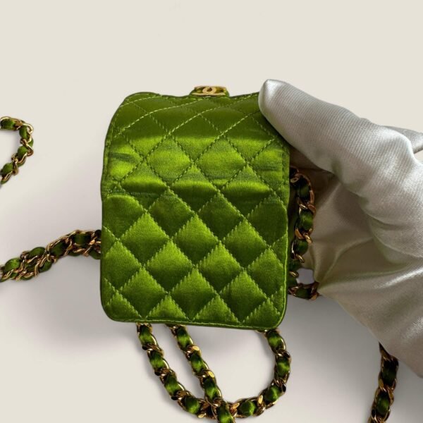 Vintage Chanel micro flap bag green satin gold hardware