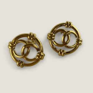 Chanel vintage gold logo CC cut out open work round pendant clip on earrings