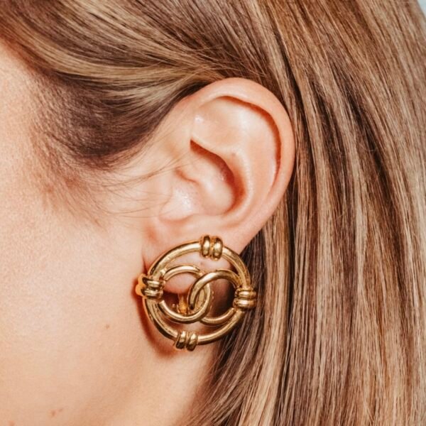 Chanel vintage gold logo CC cut out open work round pendant clip on earrings