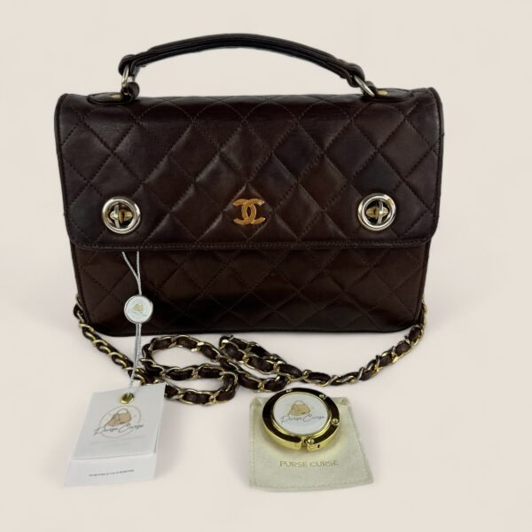 Tweedehands Chanel dubbele turnlock aktentas met ketting bruin leer vintage zeldzaam model