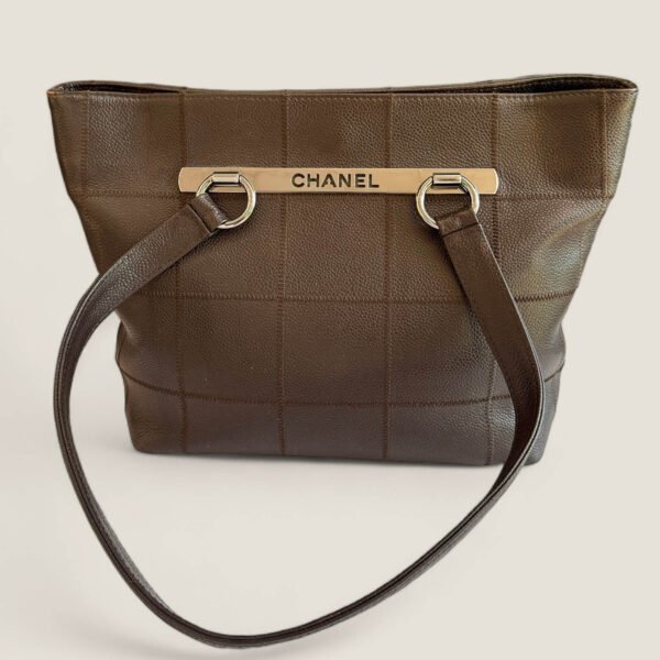 Used Chanel Chocolate Bar stitch tote bag silver hardware brown caviar leather