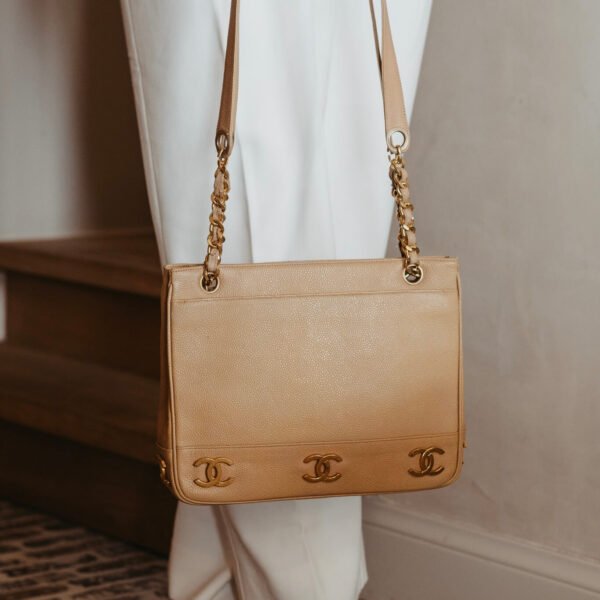 Chanel vintage tan caviar leather CC shoulder bag