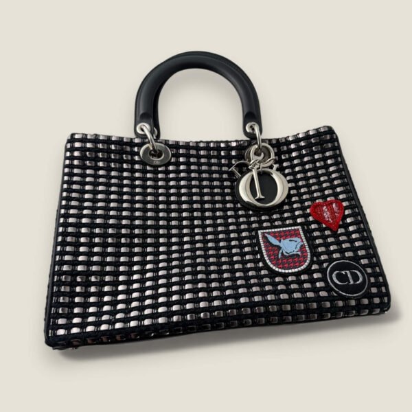 Dior Diorissimo Patch Decorated Metallic Large Black Tweed Tote Bag Shoulder Bag pre-owned