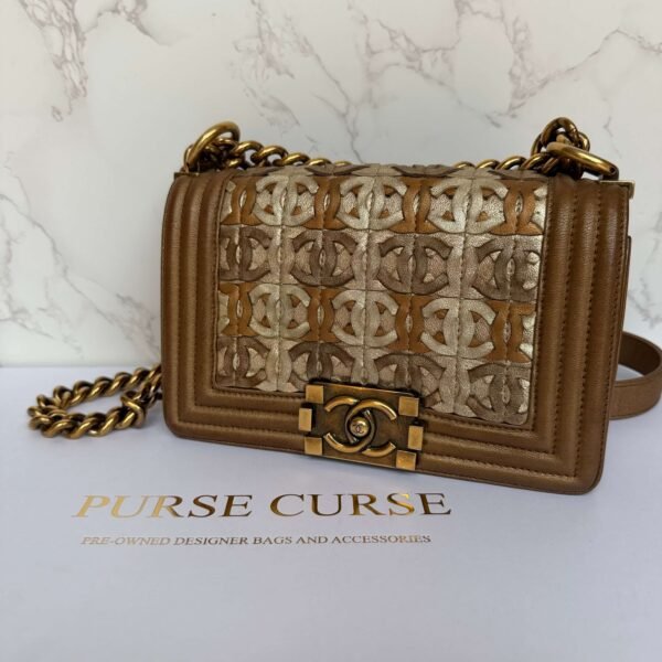 Chanel Brown Small Quilted Metallic Lambskin Interwoven CC Boy Flap Bronze Leather