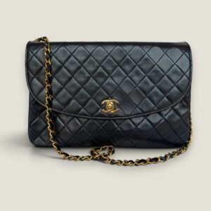 Chanel vintage matelasse navy lamsleer single flap groot Chanel vintage matelasse navy lamsleer single flap groot