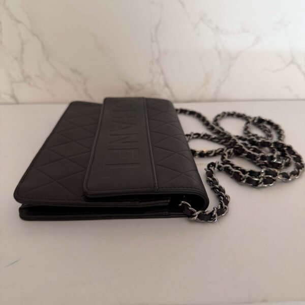Chanel Black Quilted Lambskin Embossed LAX Wallet On Chain chain strap detail