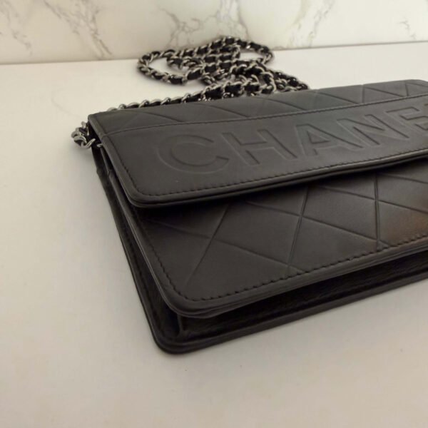 Chanel Black Quilted Lambskin Embossed LAX Wallet On Chain chanel letters detail