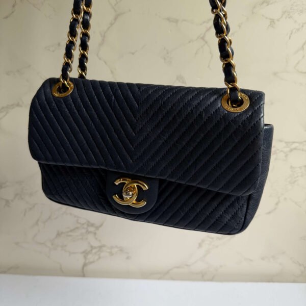 Chanel navy chevron flap bag aged calfskin