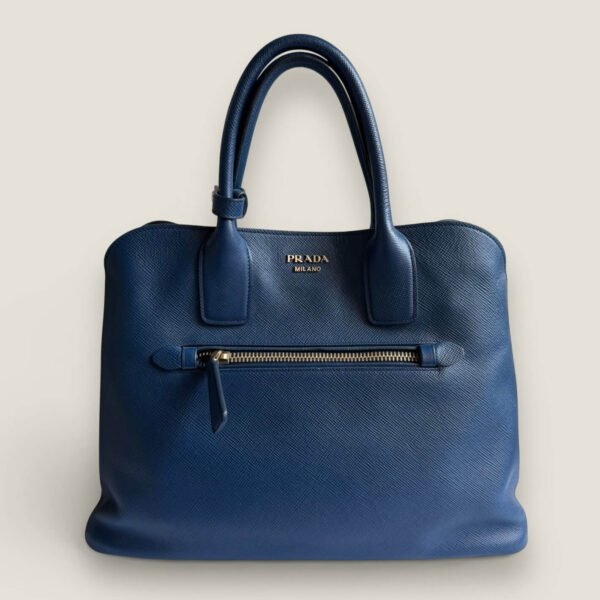 Prada saffiano cuir open promenade satchel blue